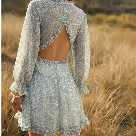 Green Chiffon Ruffle Open Back Mini Dress - Picture 5 of 5